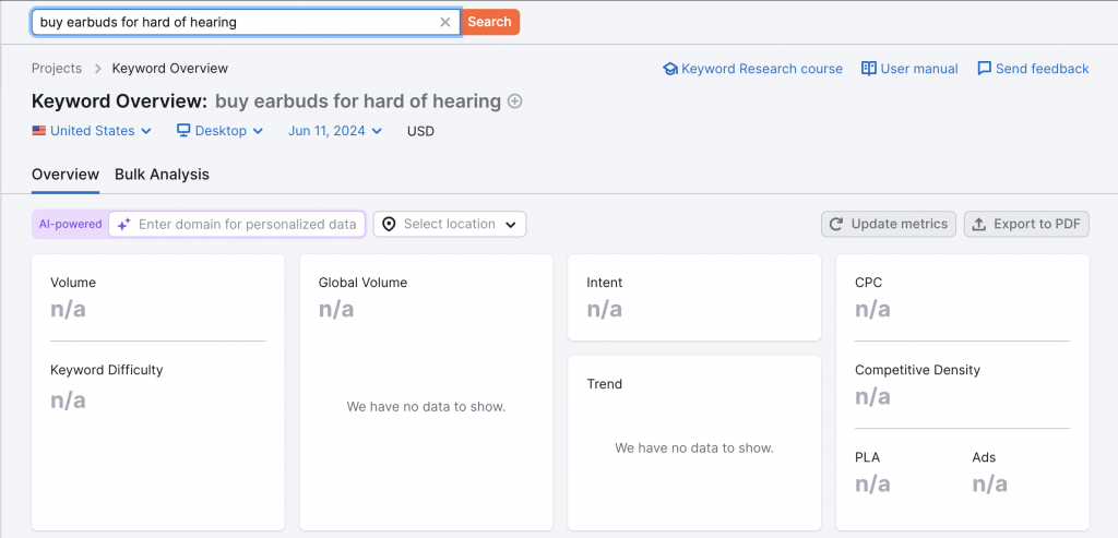 Screenshot of search volume for keyword 'buy earbuds for hard of hearing'